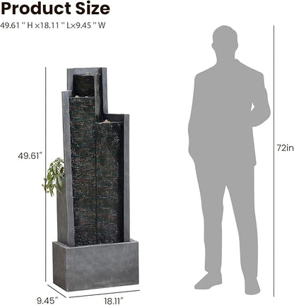 Modern Indoor Water Fountain,49.6" H Outdoor Garden Water Fountains Cascading Floor - Standing Tall Waterfall Outdoor Feature with LED Lights for Patio, Backyard, Deck, Porch and Home Art Decor