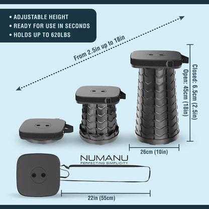 NUMANU 2025 Upgraded Collapsible Stool & 3IN1 Cushioned Carry Bag, 2.5"-18" Height Adjustable Max 620lbs, Portable Retractable Telescoping Seat, Foldable Camping Stool or Footrest for Adults (Square)