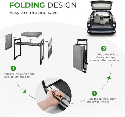 Garden Kneeler and Seat with Upgraded Wide & 3" Thick Kneeling Pad, Heavy Duty Garden Stool with 2 Large Tool Bags, Portable Bench for Planting, Weeding, Gardening Gifts for Women, Men, Seniors