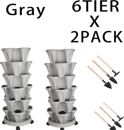 Vertical Planter 6 Tier Stackable Planters Garden Planters Strawberry Herb Flower and Vegetable Planter Indoor Outdoor Gardening Pots with Removable Wheels and Tools 2-Pack