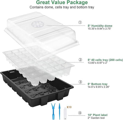 MIXC Seedling Trays Seed Starter Tray, 5-Pack Mini Propagator Plant Grow Kit Greenhouse with Humidity Vented Domes and Base for Seeds' Starting (40 Cells Per Tray, Total 200 Cells), Black