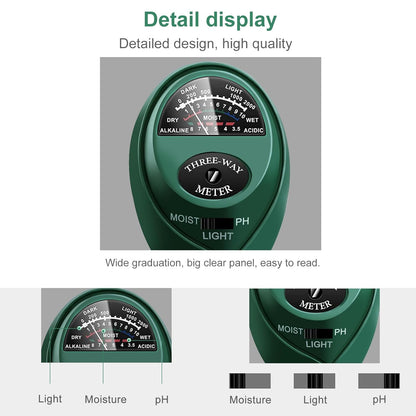 Soil Tester 3-in-1 – Soil Moisture Meter, Light Sensor & Soil pH Tester – No Battery Needed – Plant Moisture & Water Monitor for Garden, Lawn, Farm, Indoor/Outdoor – Promote Healthy Growth