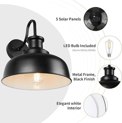 Solar Barn Lights for Outside, Gooseneck Outdoor Wall Lights Solar Powered, Farmhouse Exterior Wall Sconces, Industrial Exterior Lighting Fixture, Rustic Lantern for Garage, Barn, Shed,RZSR007-2