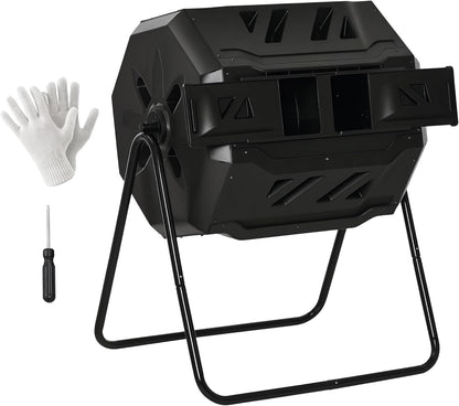 Outsunny Tumbling Compost Bin Outdoor 360° Dual Chamber Rotating Composter 43 Gallon, Black