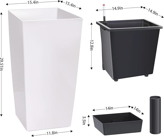 GarveeLife 30" Tall Planters Set of 2, Outdoor&Indoor Black Planter Pots, High Front Porch Planter Pots with Drainage Holes&Water Level Monitor Movable Wheels &Inner Bucket, Automatic Watering, White