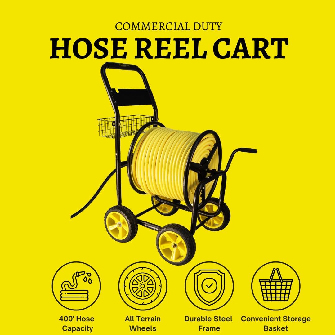 Heavy Duty Hose Reel Cart, Commercial Hose Reel with Wheels, Outdoor Water Hose Cart for Backyard, Farm & Ranch, or Contractor Use, Metal Hose Carts (4-Wheel, 400ft Capacity)