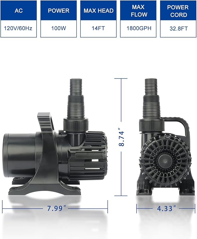 OYO WATER Outdoor 1800Gph-100W 32.8FT Small-Pond Water-fall & Kio Fish Fountain-s &Garden Pump Submersible IPX8: Long 32.8FT Cord Smart-er & Quieter Duck & Yard &Patio Ponds Pumps, 1 Barrier Pump Bag