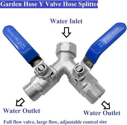 YSIL Garden Hose Splitter 3/4" GHT Thread 2 Way Heavy Duty Y Valve Water Hose Splitter 304 Stainless Steel Water Garden Hose Adapter With Long Handle