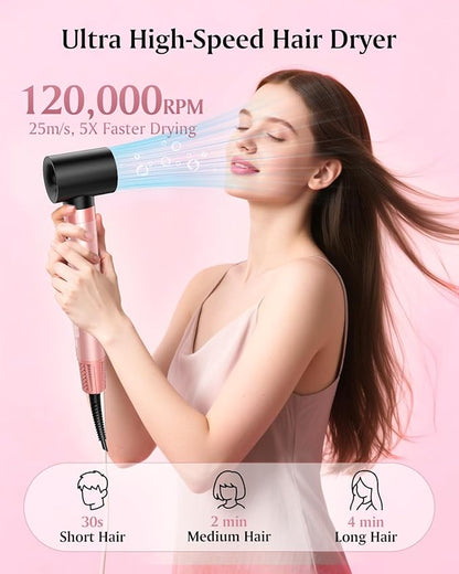 Brightup Dual Voltage Air Wrap Hair Styler - 5 in 1 High Speed Hot Air Styler 1400W Blow Dryer Brush, Negative Ions, Cool Shot Button, Curler, Volumizer, Straighter, No Heat Damage, with Travel Bag