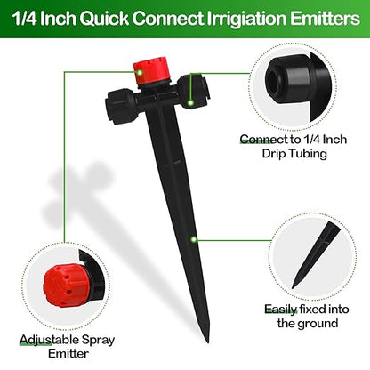Push-to-Fit Drip Irrigation Emitters for 1/4" Drip Irrigation Tubing, 20 Pcs Adjustable 360 Degree Water Flow Drippers Sprayer on Stake 360° Full Circle Multi-Stream Irrigation In-line Dripper
