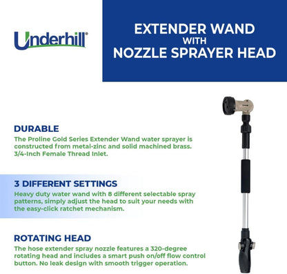 Underhill Proline Gold Series Garden Watering Extender Wand for Hose with Nozzle Sprayer Head, 3/4-Inch Thread Inlet, Jet Attachment, NG200-TW