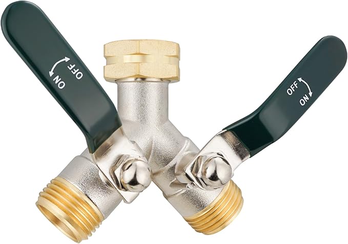 Hose Splitter 2 Way, Brass High Flow Garden Hose Splitter Heavy Duty, Hose Connector, Water Spigot Splitter, Full Flow Faucet Splitters with shutoff, 3/4” GHT Inlet