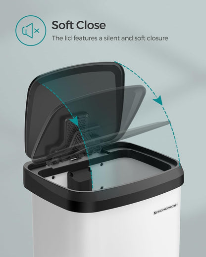 SONGMICS Kitchen Trash Can, 13 Gallon (50 L) Stainless Steel Garbage Can, with Stay-Open Lid and Step-on Pedal, Soft Closure, Tall, Large and Space-Saving, White and Black ULTB530W50