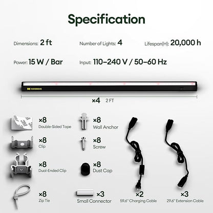 Plant Grow Lights 2FT, Red-Enhanced Full Spectrum 5000K, 60W(4 x 15W), T5 LED Grow Light Strips for Leafy Greens and Vegetables, High PPFD, Linkable, Black, 4-Pack