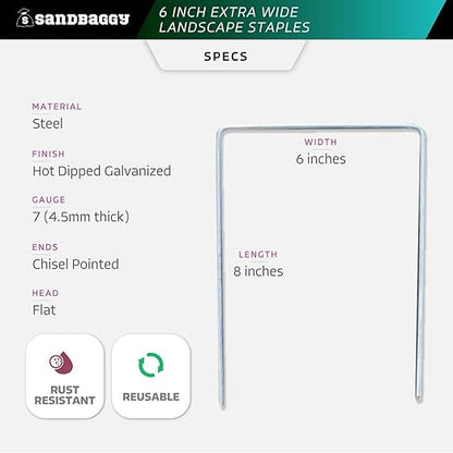 Sandbaggy 6" Wide Landscape Staples - Extra Heavy Duty: 7 Gauge Galvanized Steel - Hold Down Pipes, Landscape Fabric, Ground Cover, Erosion Control Netting, Sod, & Turf (300, 6" W x 8" L)