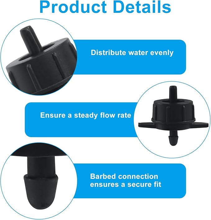 50 Pack 1 GPH Pressure Compensating Drip Irrigation Emitters, Premium Plastic Drip Sprinklers for 1/4" Tubing for Indoor/Outdoor Plants, Gardens & Landscapes