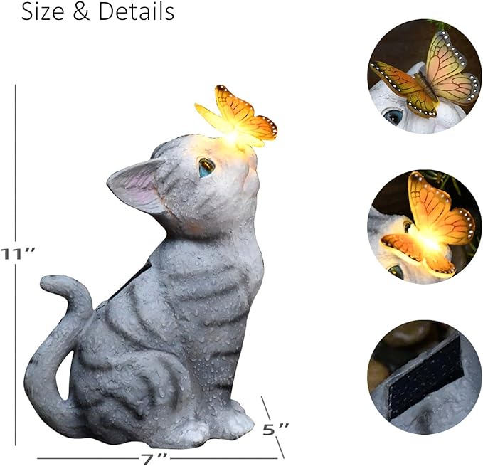Solar Cat Garden Figurines Outdoor Decor Statue with LED Lights for Patio Balcony Yard Lawn Housewarming Gift for Garden Mom Grandma (Grey)