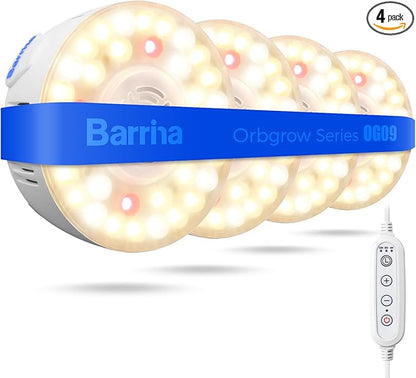 Barrina Orbgrow OG09 Puck Grow Light with Timer, 660nm Red LEDs 36W(4 x 9W, 540 Watt Equiv), Full Spectrum Plant Light for Indoor Plant, Magnetic & Linkable, 5 Levels Dimmable for Plant Shelf, 4 Packs
