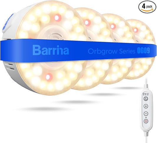 Barrina Orbgrow OG09 Puck Grow Light with Timer, 660nm Red LEDs 36W(4 x 9W, 540 Watt Equiv), Full Spectrum Plant Light for Indoor Plant, Magnetic & Linkable, 5 Levels Dimmable for Plant Shelf, 4 Packs