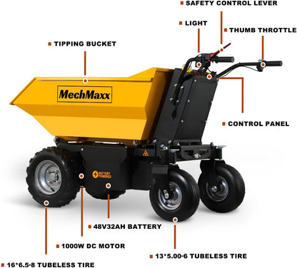 1100Lb Loading 48V Battery Powered Wheel Barrow Electric Dumper Cart with 30W Light, Hydraulic Tipping, 1000W Brushless DC Motor, LED Display Screen, Model EH50 Yellow