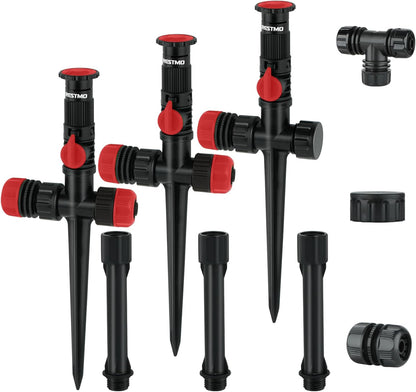 RESTMO Flexible Sprinkler System with Metal Spike Base, Above Ground DIY Irrigation Kit, Multi-Adjustable Lawn Sprinkler Set, Ideal for Plant and Flower Bed Watering, Red (Garden Hose Not Included)