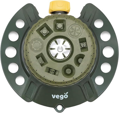 Vego Turret Pattern Sprinkler, 9-Pattern, Heavy-Duty Metal Base, Up to 1115 sq. ft Coverage