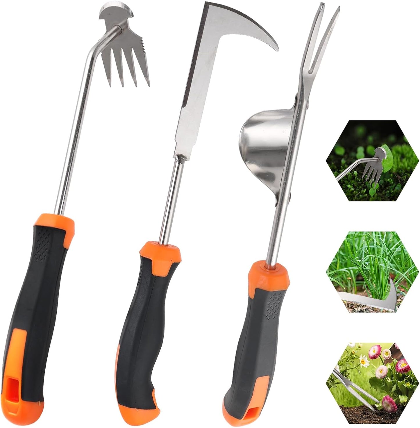 Weed Puller Tool, Set of 3, Rubber Handle Weed Remover Tool, Manual Weeder,L-Shaped Weeding Tool, Thickened Stainless Steel Crack Weeder,Planting and Weeding for Garden, Patio, Backyard Farm