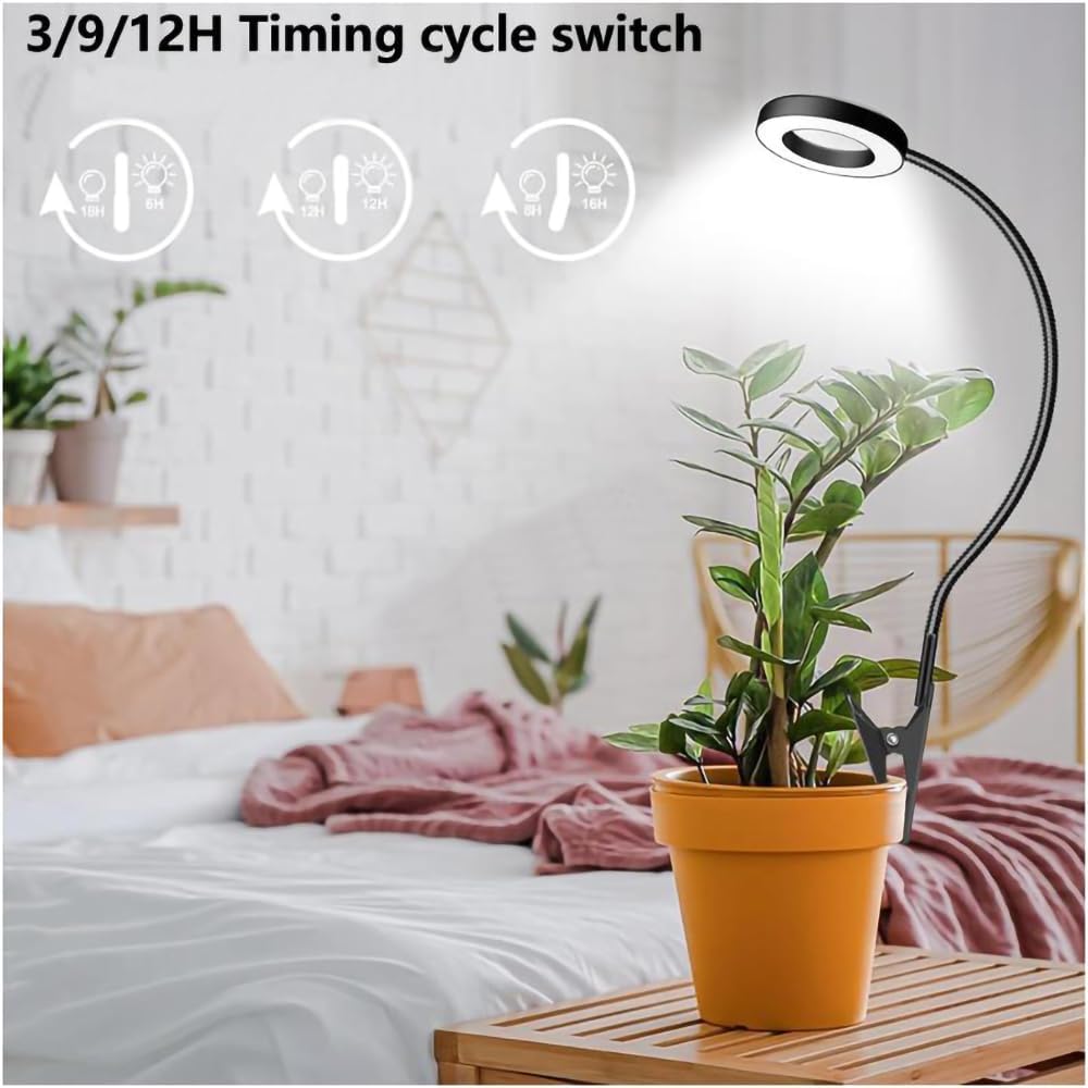 Plant Grow Light, 48 LEDs Full Spectrum Grow Lights for Indoor Plants, Height Adjustable Small Halo Grow Light with Clip, 3 Spectral Modes, Auto Timer 3/9/12Hrs, 10 Levels Brightness,Black
