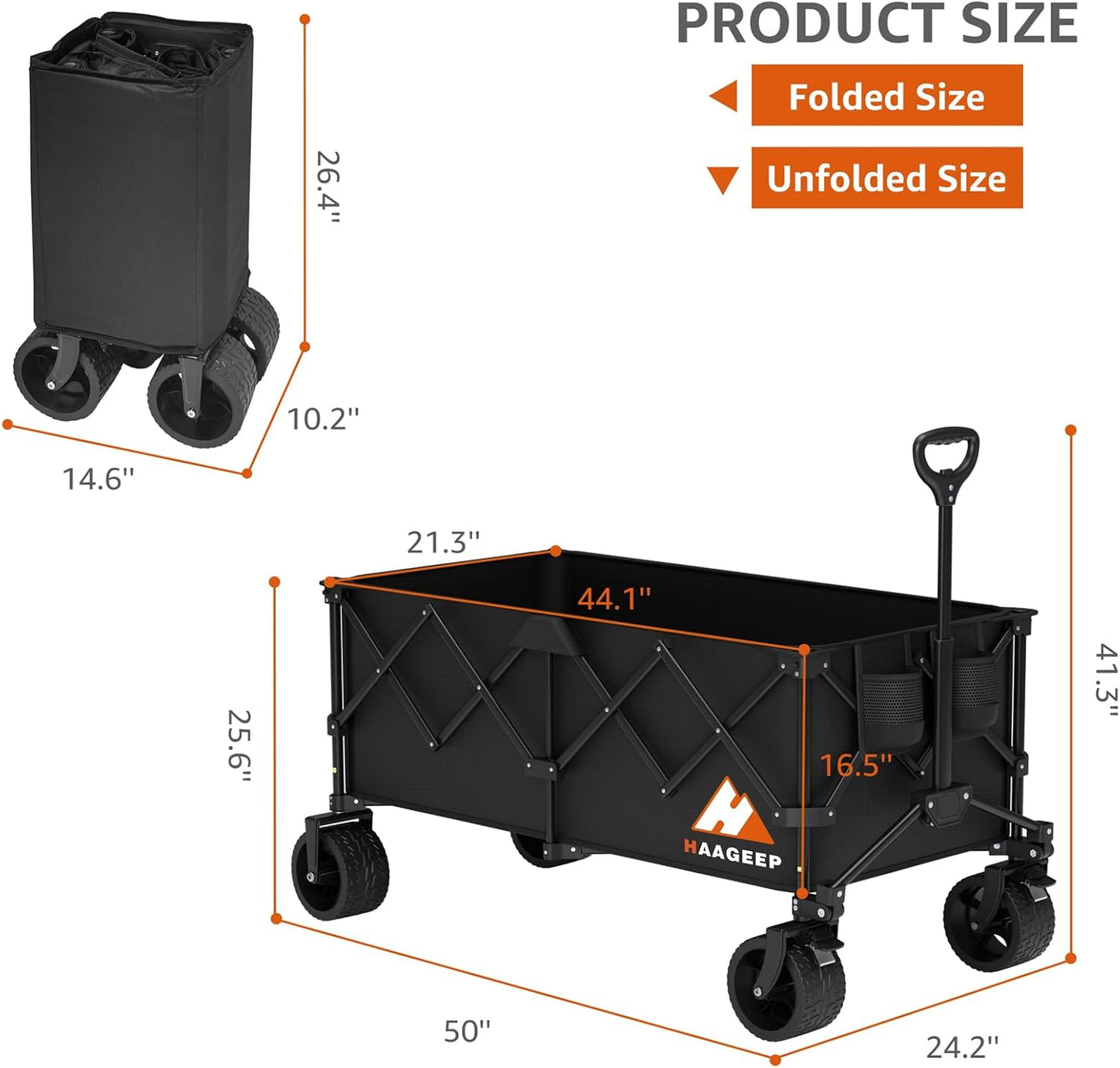 Large Collapsible Wagon Cart with Wheels - Foldable Wagons300L Heavy Duty-550lbs, Beach Wagon with Big Wheels for Sand Folding Utility Wagons Carts for Sports Shopping Camping