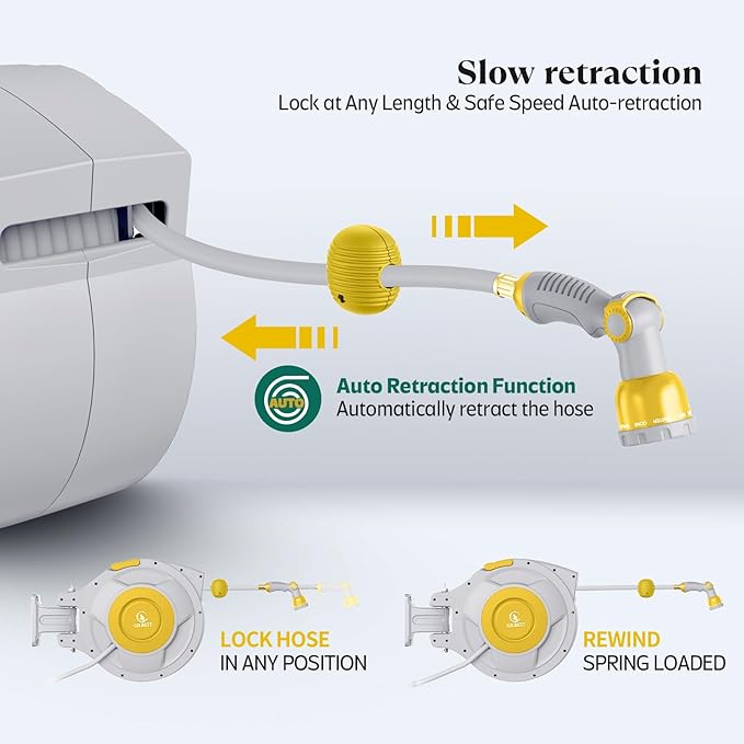 Retractable Hose Reel, 5/8 "x 100 ft Retractable Garden Hose Reel Wall Mounted, for Cleaning, Watering, with 10-Function Hose Nozzle, Any Length Lock, Heavy Duty, 180°Swivel (Yellow)