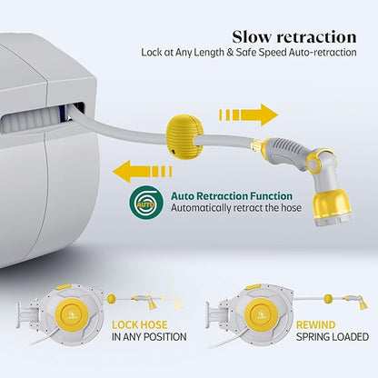 Retractable Hose Reel, 5/8 "x 100 ft Retractable Garden Hose Reel Wall Mounted, for Cleaning, Watering, with 10-Function Hose Nozzle, Any Length Lock, Heavy Duty, 180°Swivel (Yellow)