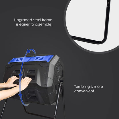 SQUEEZE master Large Compost Tumbler Bin - Outdoor Garden Rotating with Thermometer -Automatic Temperature Measurement-Sturdy Steel Frame - 43Gallon (2-21.5Gal)- Blue Door