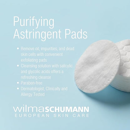 Wilma Schumann Purifying Astringent Pads for Face, Skin Exfoliating Pads with Salicylic Acid, Pack of 60