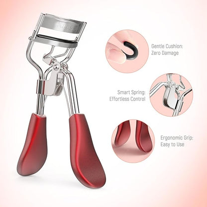 Kaasage Eyelash Curler for Lift and Curl, Professional Stainless Steel Makeup Eyelash Tool with Ergonomic Handle & 6 Replacement Pads for Long-Lasting Results