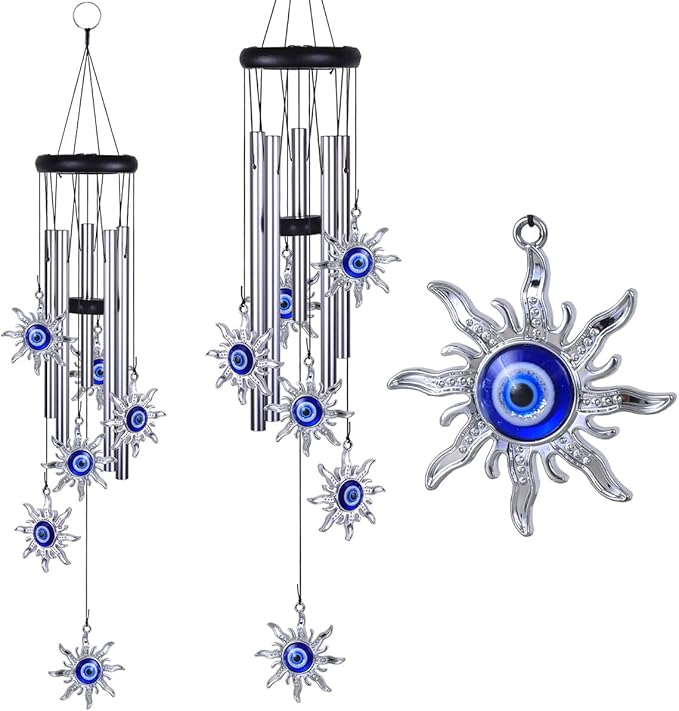 Blue Evil Eye Sun Wind Chimes Outdoor Decor, Mobile Sun Evil Eye Windcatcher, Evil Eye Sun Wind Bells, Sun Blue Evil Eye Amulet Wind Chimes for Home, Gift for Mom, Balcony, Patio, Garden Decoration