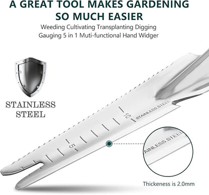 Berry&Bird Garden Hand Weeding Trowel, Stainless Steel Weeder Tool for Gardening with Wooden Handle, Multifunctional Manual Weed Puller & Digging Knife for Planting Transplanting Cutting Measuring