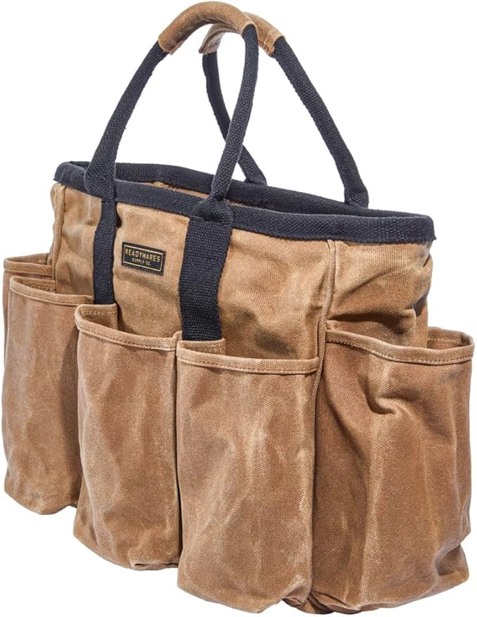 Readywares 14" Waxed Canvas Supply Bag/Garden Tool Tote/Cleaning Organizer/Mobile Bar/Versatile Storage Tote With Pockets/Utility Bag with Heavy Duty Handles