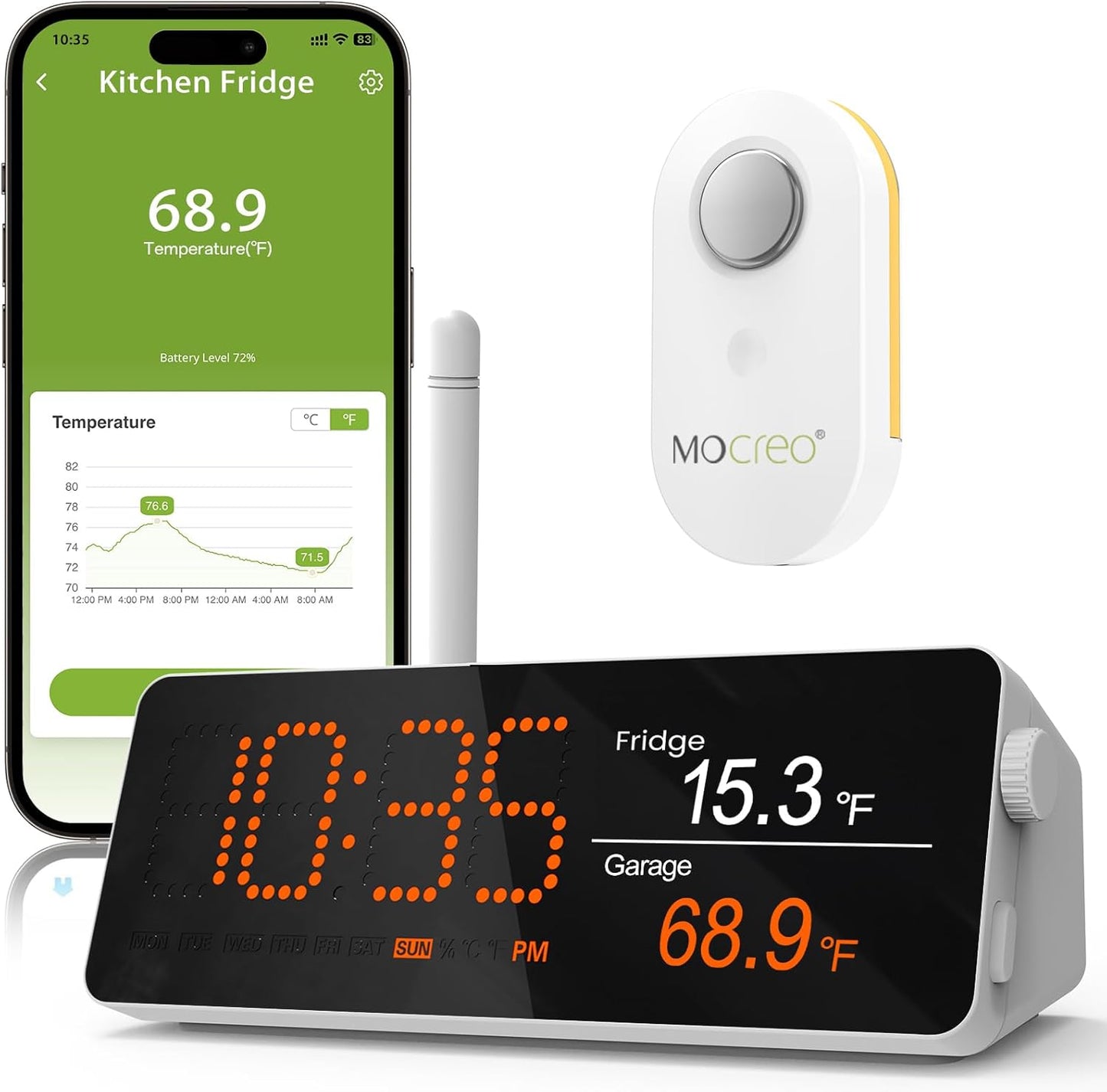 MOCREO WiFi Remote Refrigerator Thermometer, 1/3 Mile Long Range Freezer Alarm, IP66 Waterproof, App Email Alert, with Digital Monitor Hub, 1 Smart Wireless Temperature Sensor for Kitchen, Fridge, RV