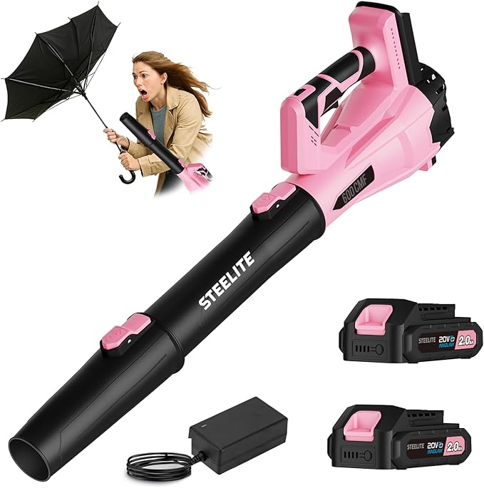 Steelite Leaf Blower Cordless with 2 Battery and Charger, 20V Electric Leaf Blowers, Lightweight Handheld Blower for Lawn Care, Patio, Garden, Pink