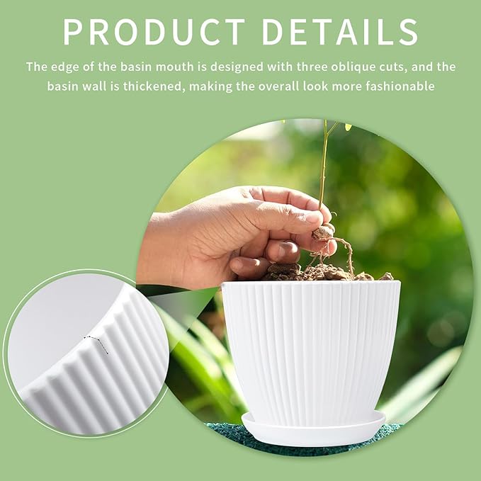Plant Pots Indoor with Saucers & Drainage - 6 Pack Flower Pots - Plastic Planters for Indoor Planter - 7.5/6.6/5.8/5.0/4.3/3.5 inches Sizes for All Different Types of Plants - White