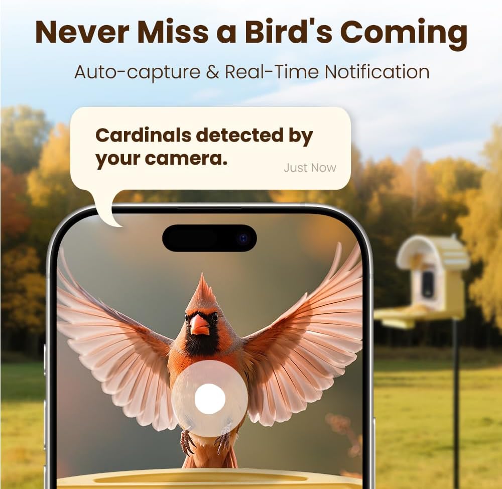 Smart Bird Feeder with Camera, 2.5K UHD Bird Feeder Camera Solar Powerd, Sensitive AI Bird Identification, Instant Alerts Capture Bird Video, IP66 Bird Feeder for Outdoor, Ideal Gift, Yellow
