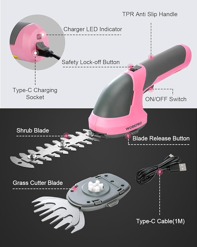 WORKPRO Cordless Grass Shear & Shrubbery Trimmer - 2 in 1 Handheld Hedge Trimmer 7.2V Electric Grass Trimmer Hedge Shears/Grass Cutter Rechargeable Lithium-Ion Battery and Type-C Cable - Pink Ribbon