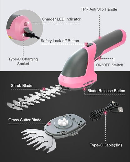 WORKPRO Cordless Grass Shear & Shrubbery Trimmer - 2 in 1 Handheld Hedge Trimmer 7.2V Electric Grass Trimmer Hedge Shears/Grass Cutter Rechargeable Lithium-Ion Battery and Type-C Cable - Pink Ribbon
