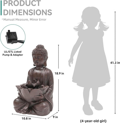 18.9" H Buddha Outdoor Water Fountain with LED Lights and Pump,Zen Style Relaxing Garden Fountain Waterfall for Patio, Porch, or Yard, Faux Bronze