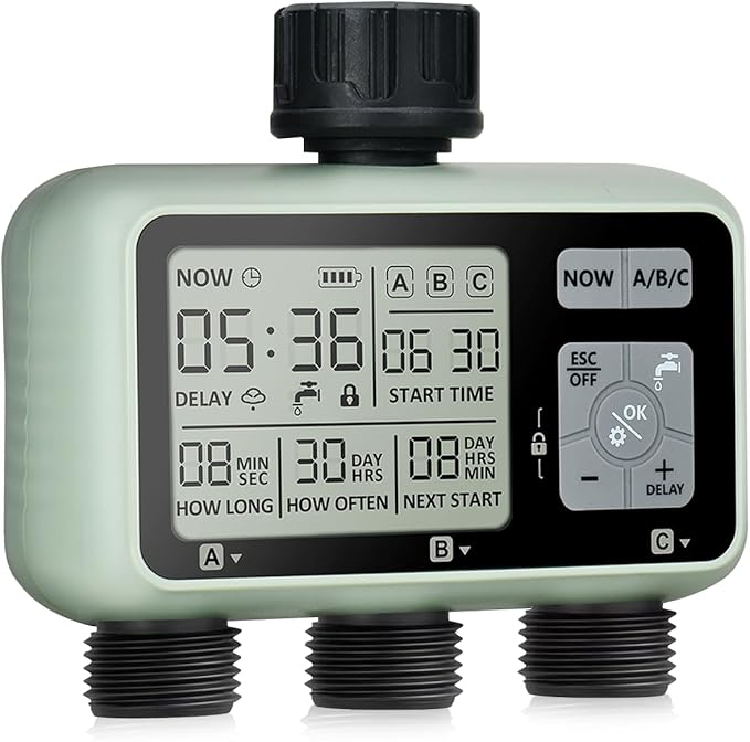 Sprinkler Timer,Auto&Manual Mode, Rain Delay Mode Water for Garden Hose Outdoor IPX5 Waterproof Irrigation Timer 3 Zone for Yard, Lawns and Pool