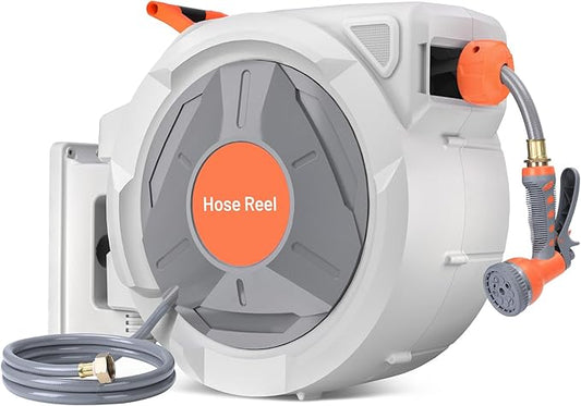 GarveeLife Retractable Garden Hose Reel 5/8 in x 100 Ft, Wall Mounted Garden Hose Reel, with 9 Function Sprayer Nozzle, Any Length Lock, Lock/Automatic Slow Return System, 180° Swivel Bracket(Grey)