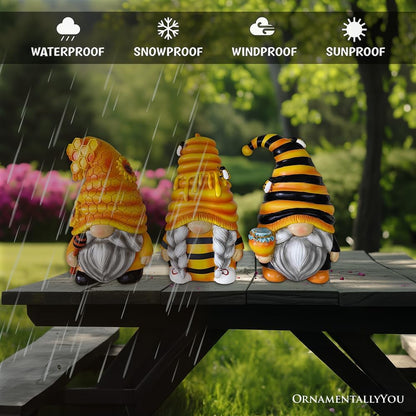 OrnamentallyYou Spring & Summer-Themed Garden Statues – Adorable Outdoor Decor for Lawn, Patio & Porch (Buzzy Trio Set of Three Bumble Bee Gnome Figurines, 6" Tiered Tray Home or Garden Decoration)