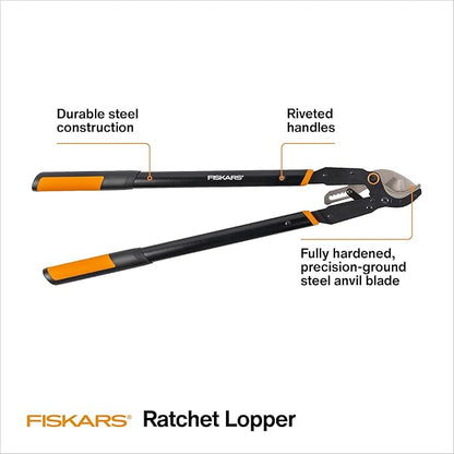 Fiskars Ratchet Drive Anvil Lopper 32 Inch Heavy Duty Tree Trimmer, 2 inch Cut Capacity, Riveted Handles for Easy Squeeze Cutting Power