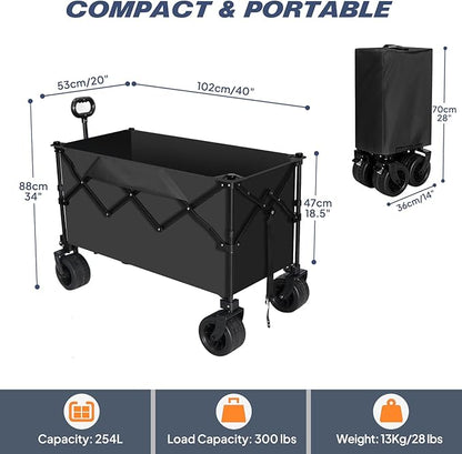 Chihee Garden Cart Collapsible Outdoor Utility Wagon Cart,Folding Beach Cart Oversized Capacity 254L,Heavy Duty Portable Wagon All Terrain Wheels Oversized Side Pocket 2 Drink Holders for Camping
