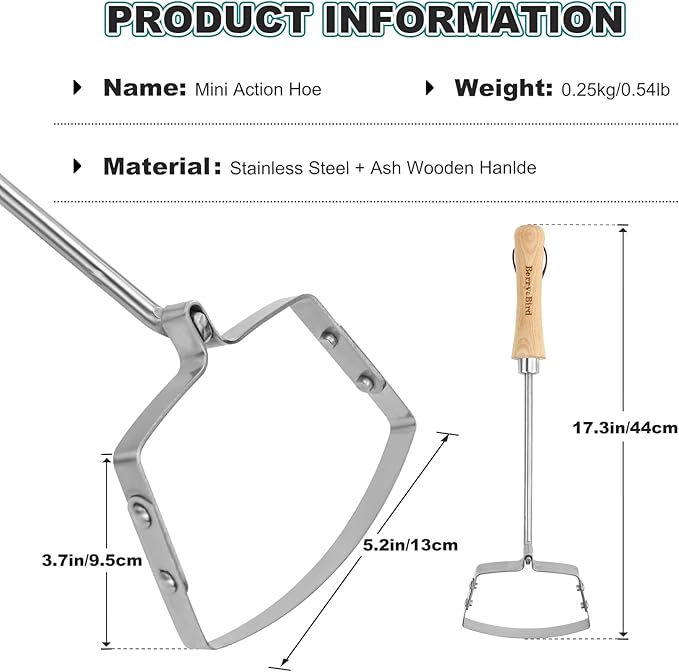 Berry&Bird Mini Hula Hoe for Weeding 17.3''Stirrup Hoe Stainless Steel Weed Puller Tool Gardening Action Scuffle Loop Hoes Garden Tools with Wooden Hand Weeder Cultivator Cutting Roots Loosening Soil